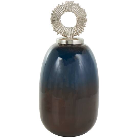 Blue Metal Ombre Decorative Jars with Brown Accents & Silver Ring Handles Set